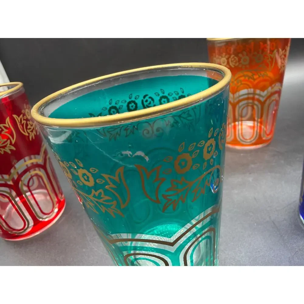 Vintage Moroccan Tea Glasses Set of 6 Jewel Tone Gold Filigree